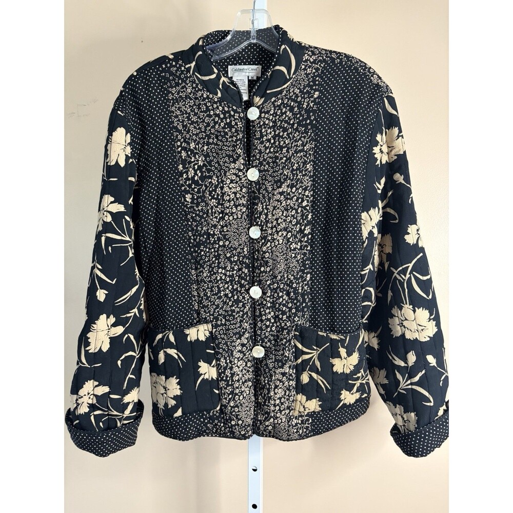 Coldwater Creek Jacket Womens M /L Gold Floral Brocade Kimono Lined Mid Length